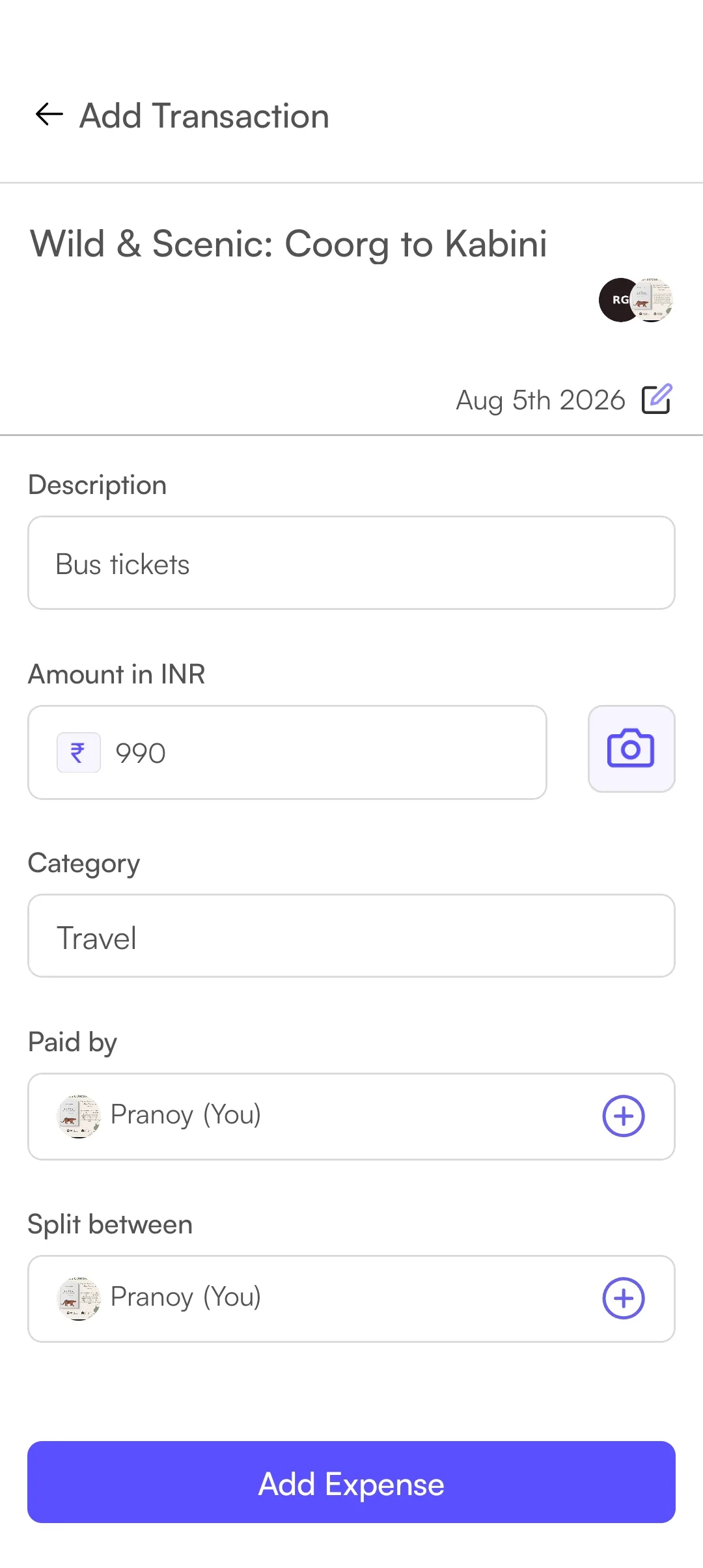 Expense splitting screen 2
